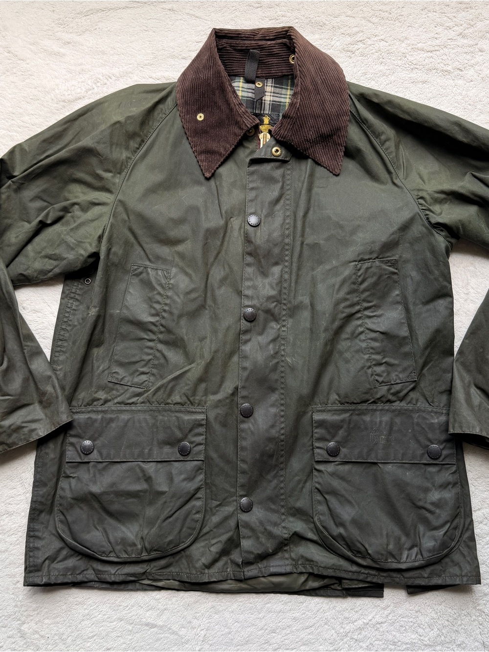 VTG Barbour Bedale Olive Green Waxed Jacket with Brown Corduroy Collar ~ 1991